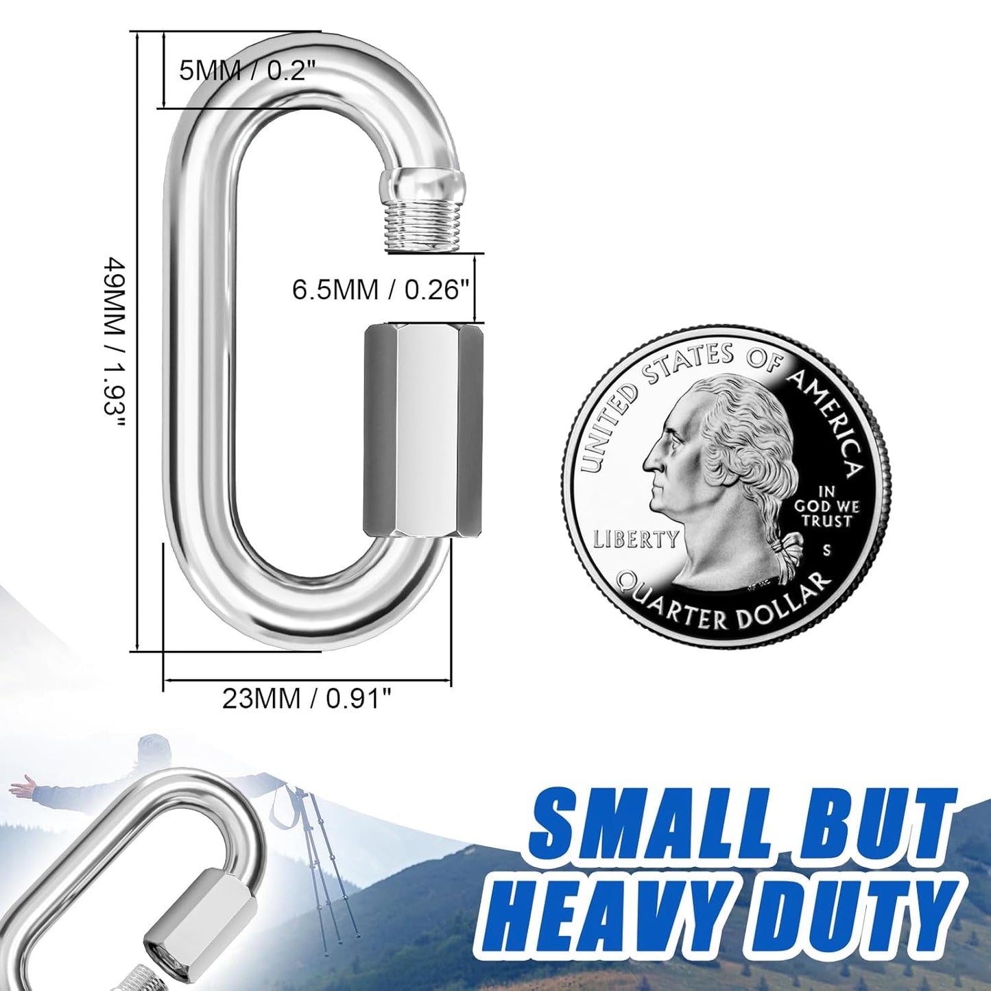 Quick Link Chain Connector, 304 Stainless Steel 15PCS M5 3/16 Screw Carabiner, Small Locking Carabiner Clips Heavy Duty Chain Hooks for Connecting Hammock, Swing, Shade Sail-Capacity 650LB